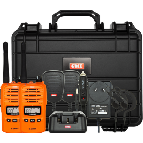 GME - 5/1 Watt UHF CB Handheld Radio including Accessories - Twin Pack - Blaze Orange